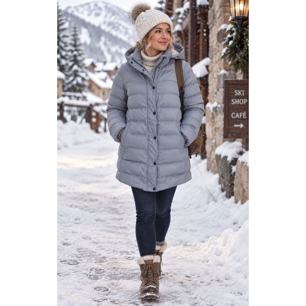 EDDIE BAUER Women's Down Packable Puffer Jacket Small Light Blue Hooded Winter